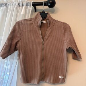 Calvin Klein Jeans Ribbed Zip-Front Crop Top in Brown